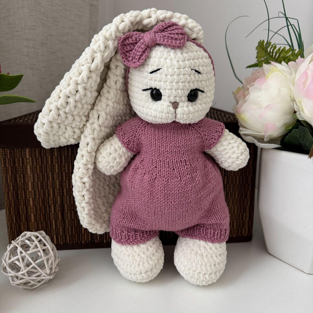 Handmade Crochet Bunny Plush Toy Mauve Romper One Size Cream Soft Knit Rabbit